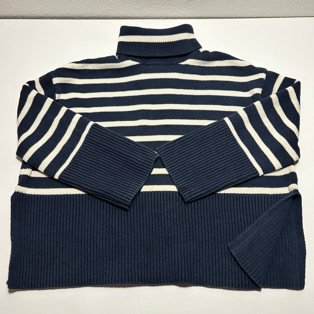 Gap Navy Blue White Striped Turtleneck Sweater Boxy Ribbed Knit Small